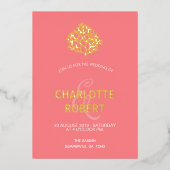 Roze koraalrif Modern Minimal Beach Wedding Gold Folie Uitnodiging (Voorkant)