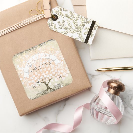 Roze koraalril Heart Leaf Tree Weddenschap Vierkante Sticker (Geschenken)