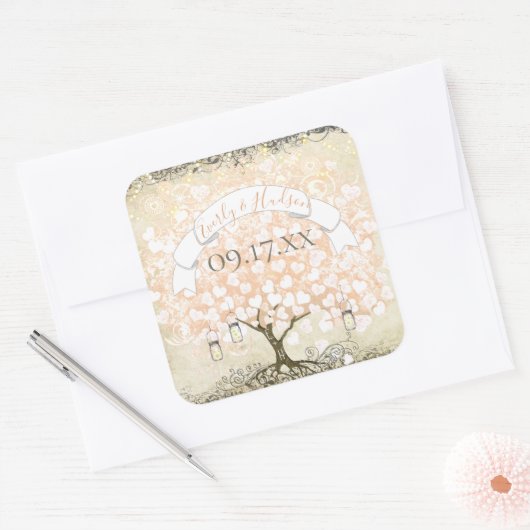 Roze koraalril Heart Leaf Tree Weddenschap Vierkante Sticker (Envelop)