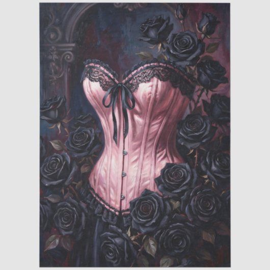 Roze korset Zwarte Rozen Decoupage Tissuepapier (Voorkant)