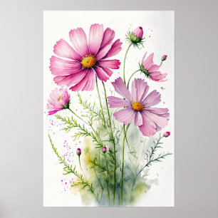 Roze Kosmos Bloemen Art Print Poster
