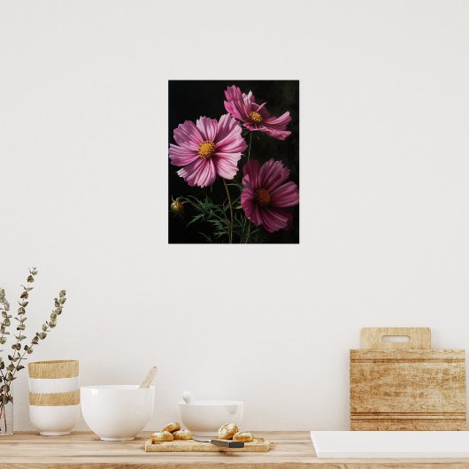 Roze Kosmos Bloemen Art Print Poster (Keuken)