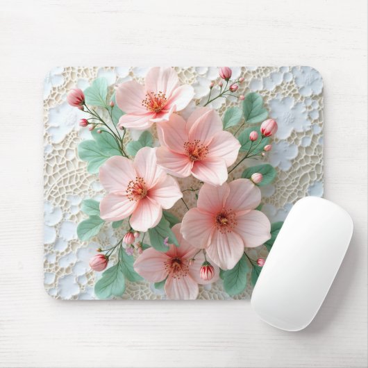 Roze Kosmos Bloemen Op Bruidskant Muismat (Met muis)