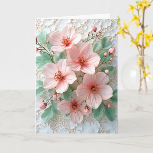 Roze Kosmos Bloemen Op Witte Bruidskant Kaart (Gele Bloem)