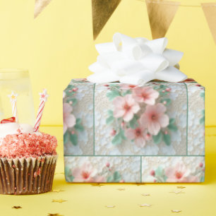 Roze Kosmos Bloemen op Witte kant Cadeaupapier