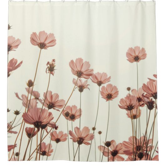 Roze kosmos: bloemen witte achtergrond. douchegordijn (Voorkant)