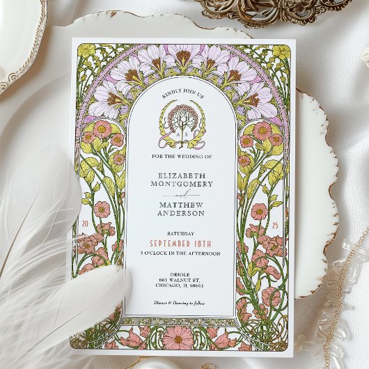 Roze Kosmos & Gele Wilde Bloemen Art Nouveau Kaart