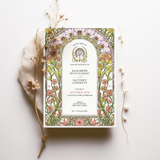 Roze Kosmos & Gele Wilde Bloemen Art Nouveau Kaart