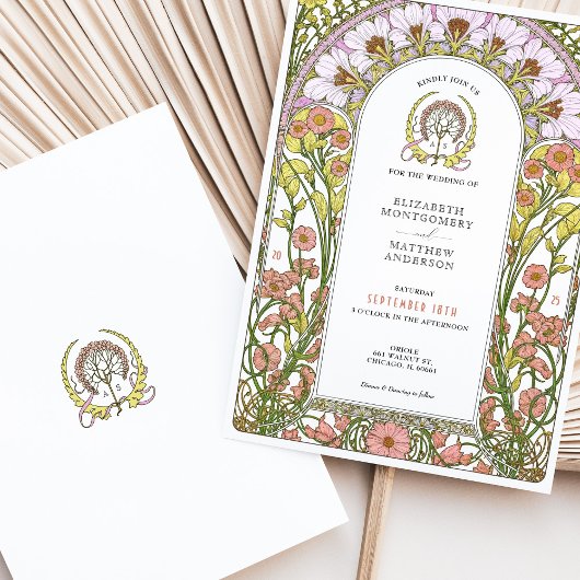 Roze Kosmos & Gele Wilde Bloemen Art Nouveau Kaart