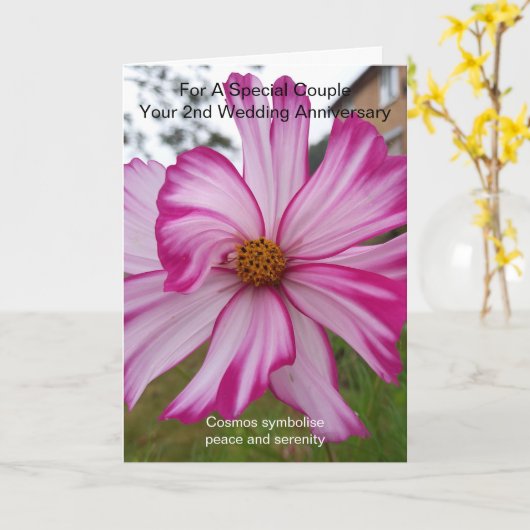 Roze Kosmos gepersonaliseerd 2e bruiloft Jubileum Kaart (Gele Bloem)
