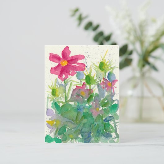 Roze Kosmos Nigella Bloementuin Waterverf Briefkaart (Staand voorkant)