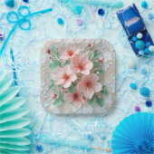 Roze Kosmos Trouwbloemen op kant Papieren Bordje (Feest)