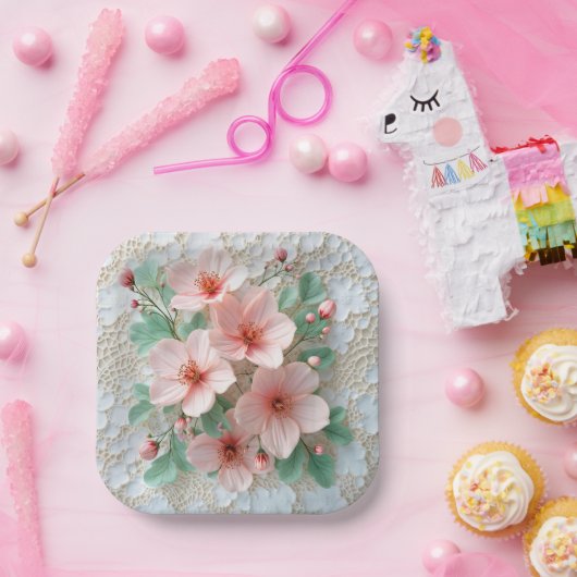 Roze Kosmos Trouwbloemen op kant Papieren Bordje (Feest)