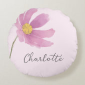 Roze Kosmos Waterverf Bloem Aangepaste Naam Rond Kussen (Voorkant)