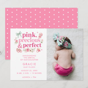 Roze Kostbaar Moderne Baby Meisje Foto Geboorte Aankondiging