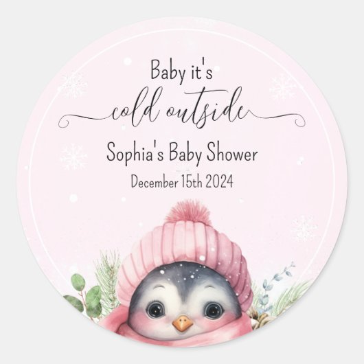 Roze Koude Buiten Pinguïn Winter Baby shower Ronde Sticker (Voorkant)