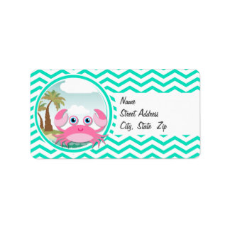 Roze krab; Aqua Green Chevron Etiket