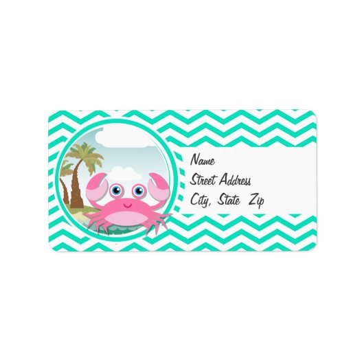 Roze krab; Aqua Green Chevron Etiket (Voorkant)