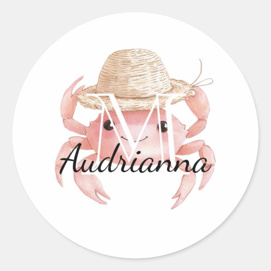 Roze Krab met Hoed Monogram Ronde Sticker (Voorkant)