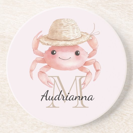 Roze Krab met Hoed Monogram Zandsteen Onderzetter (Voorkant)