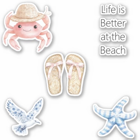 Roze Krab Strand Blauwe Zeester Vogel Sandalen Sticker (Voorkant)