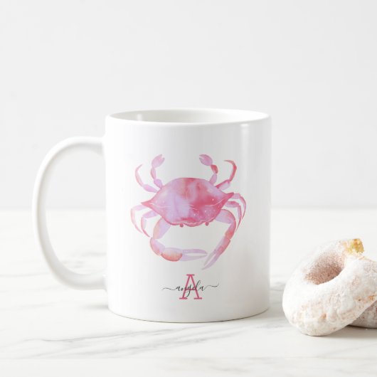 Roze krab strand hout ontwerp koffiemok (Met donut)