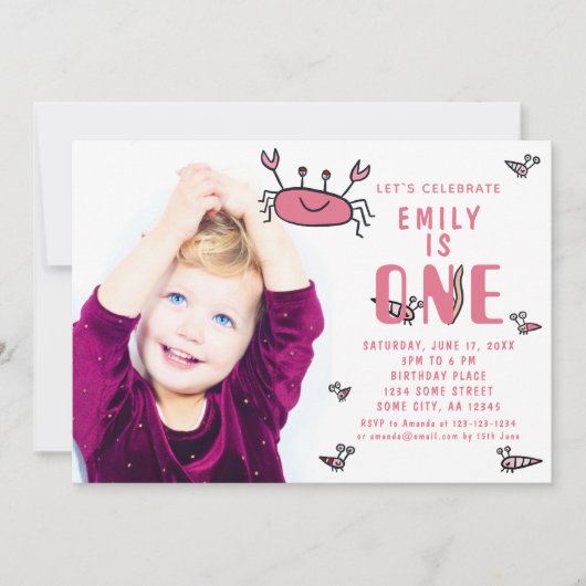 Roze Krab Zee Dieren Meisje Foto 1e Verjaardag Kaart (Voorkant)