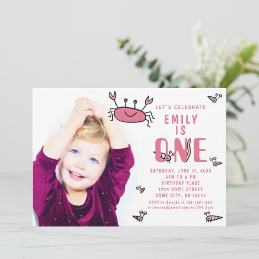 Roze Krab Zee Dieren Meisje Foto 1e Verjaardag Kaart (Staand voorkant)