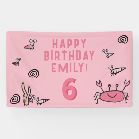 Roze Krab Zee Dieren Schelp Meisje Foto Verjaardag Spandoek (Horizontaal)