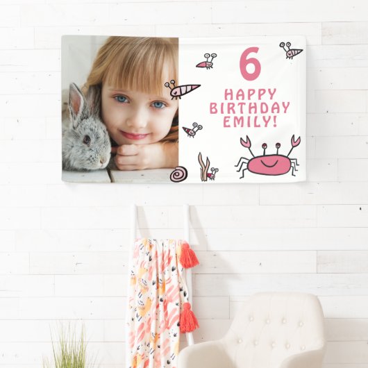 Roze Krab Zee Dieren Shell Meisje Foto Verjaardag Spandoek (Insitu)