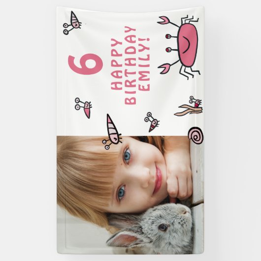 Roze Krab Zee Dieren Shell Meisje Foto Verjaardag Spandoek (Verticaal)