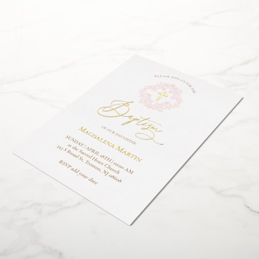 roze krans Doop Folie Uitnodiging (Gedraaid)