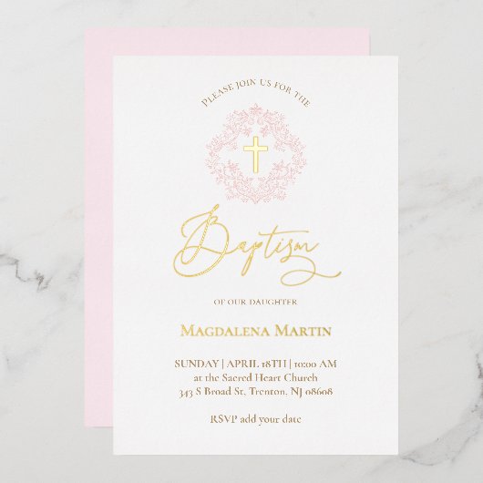 roze krans Doop Folie Uitnodiging (Voorkant / Achterkant)