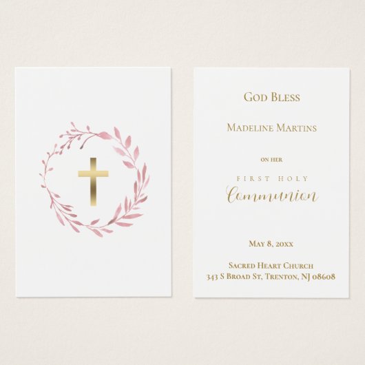 roze krans Eerste Communie herinneringskaart Visitekaartje (Voorkant /achterkant)
