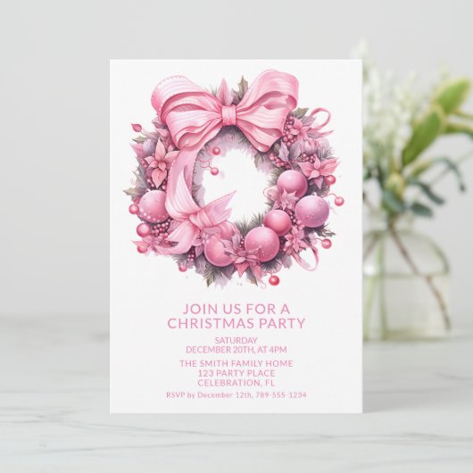Roze krans Kerstfeest uitnodiging (Staand voorkant)