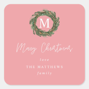 Roze Krans Monogram Prettig Kerst Geschenk Vierkante Sticker
