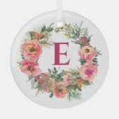 Roze Krans Rood Monogram Botanische Kerst Glas Ornament (Voorkant)