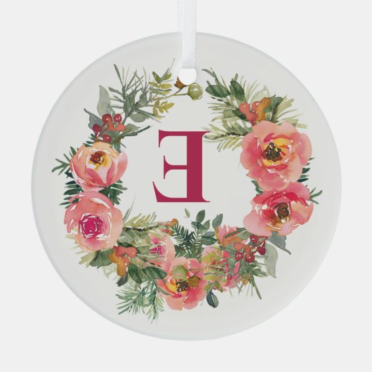 Roze Krans Rood Monogram Botanische Kerst Glas Ornament (Achterkant)
