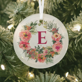 Roze Krans Rood Monogram Botanische Kerst Glas Ornament