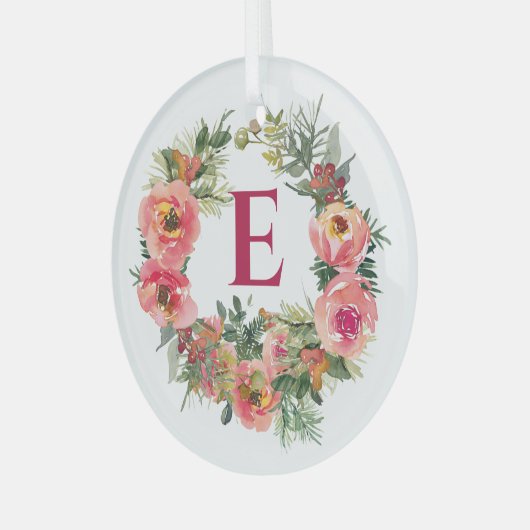 Roze Krans Rood Monogram Botanische Kerst Glas Ornament (Voorkant links)