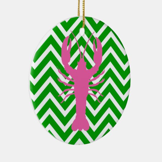 Roze kreeft en groene Chevron Monogram Keramisch Ornament (Rechts)