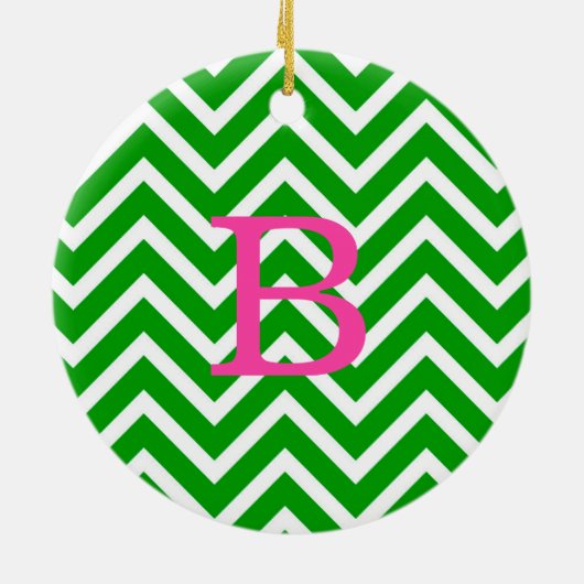 Roze kreeft en groene Chevron Monogram Keramisch Ornament (Achterkant)