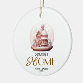Roze kristallen bal kerstparen ons eerste huis keramisch ornament (Links)