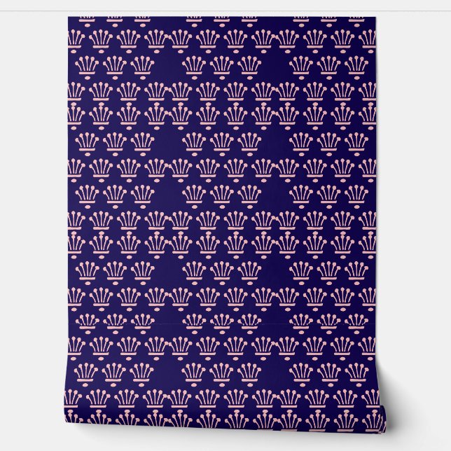Roze kronen donkerblauw behang (Afrollen)