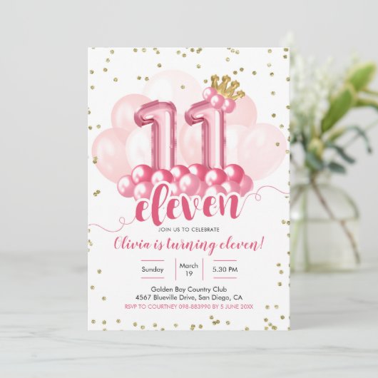 Roze Kroon Ballon Elf Verjaardagsuitnodiging Kaart (Staand voorkant)