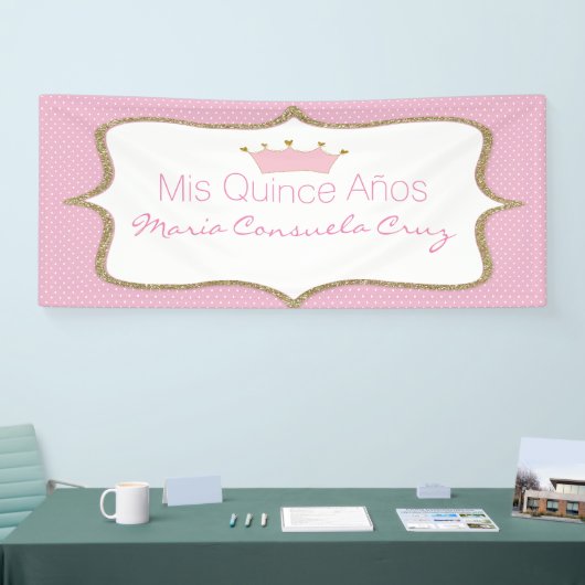 Roze kroon en Polka Dot Quinceanera Banner (Beurs)