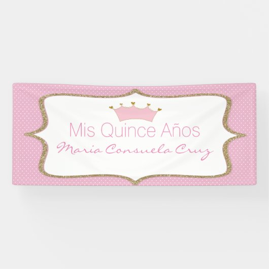 Roze kroon en Polka Dot Quinceanera Banner (Horizontaal)