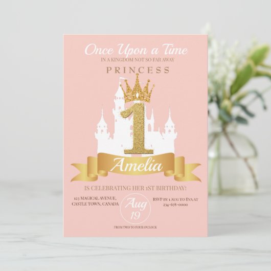 Roze Kroon Kasteel Koninkrijk Prinses 1e verjaarda Kaart (Staand voorkant)