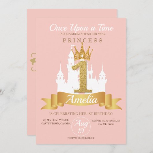 Roze Kroon Kasteel Koninkrijk Prinses 1e verjaarda Kaart (Voorkant / Achterkant)