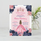 Roze Kroon & Marine Blauw Bloemen Prinses Mis Quin Kaart (Staand voorkant)